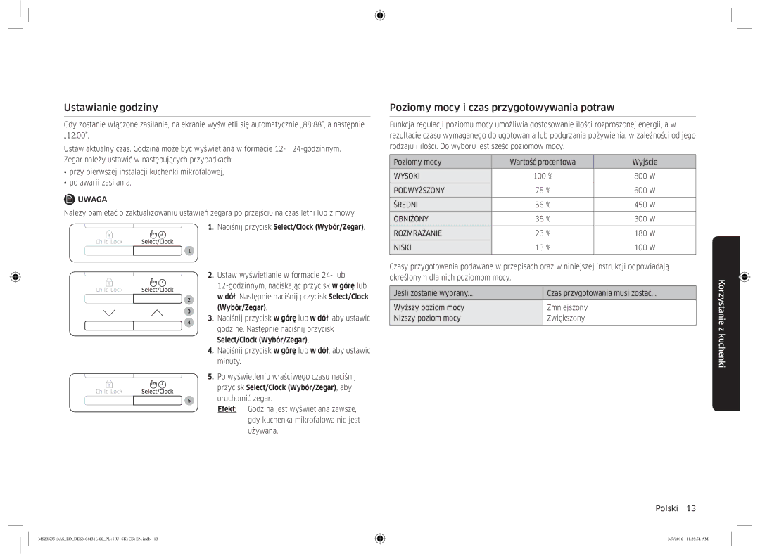 Samsung MS23K3513AS/EO manual Ustawianie godziny, Poziomy mocy i czas przygotowywania potraw, Wybór/Zegar 