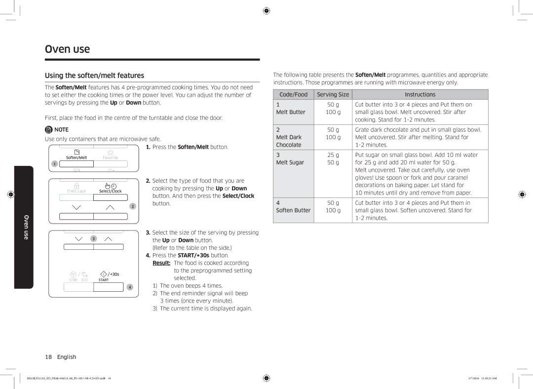 Samsung MS23K3513AS/EO manual Using the soften/melt features 