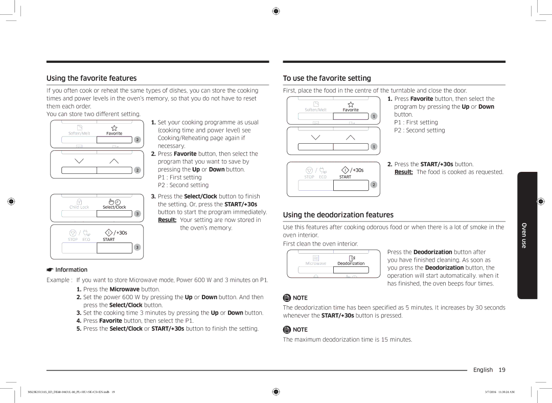 Samsung MS23K3513AS/EO manual Using the favorite features, To use the favorite setting, Using the deodorization features 