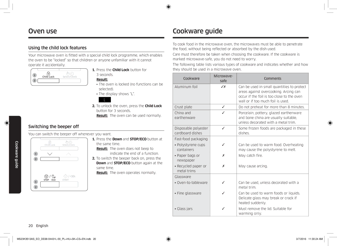 Samsung MS23K3513AS/EO manual Cookware guide, Using the child lock features, Switching the beeper off 