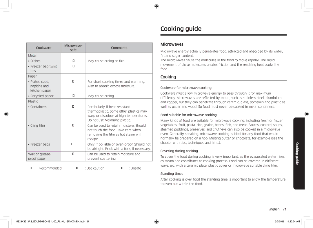 Samsung MS23K3513AS/EO manual Cooking guide, Microwaves, Cookware Microwave Comments 