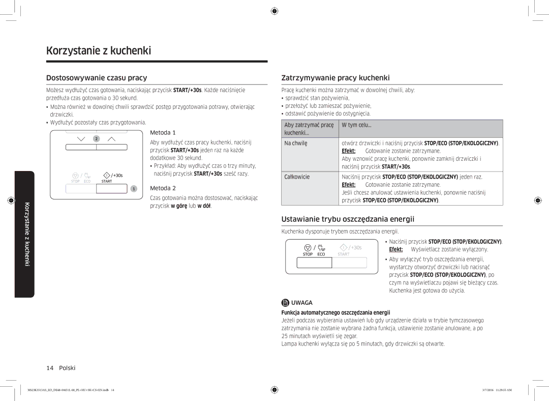 Samsung MS23K3513AS/EO Dostosowywanie czasu pracy, Zatrzymywanie pracy kuchenki, Ustawianie trybu oszczędzania energii 