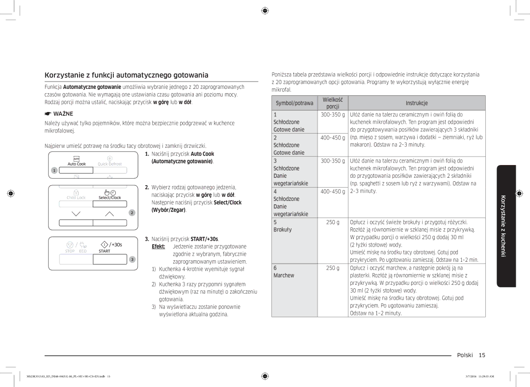 Samsung MS23K3513AS/EO manual Korzystanie z funkcji automatycznego gotowania, Automatyczne gotowanie 