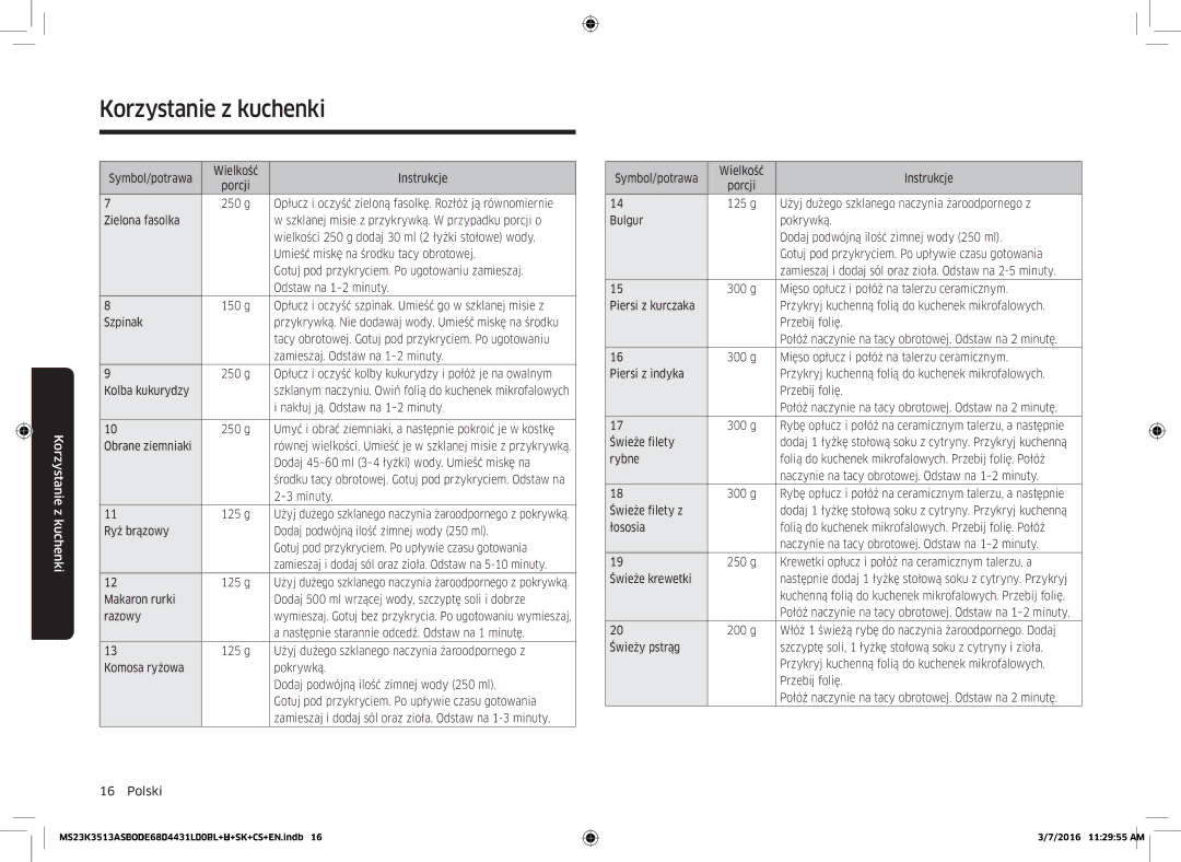 Samsung MS23K3513AS/EO Instrukcje, 250 g, Tacy obrotowej. Gotuj pod przykryciem. Po ugotowaniu, Minuty, Przebij folię 