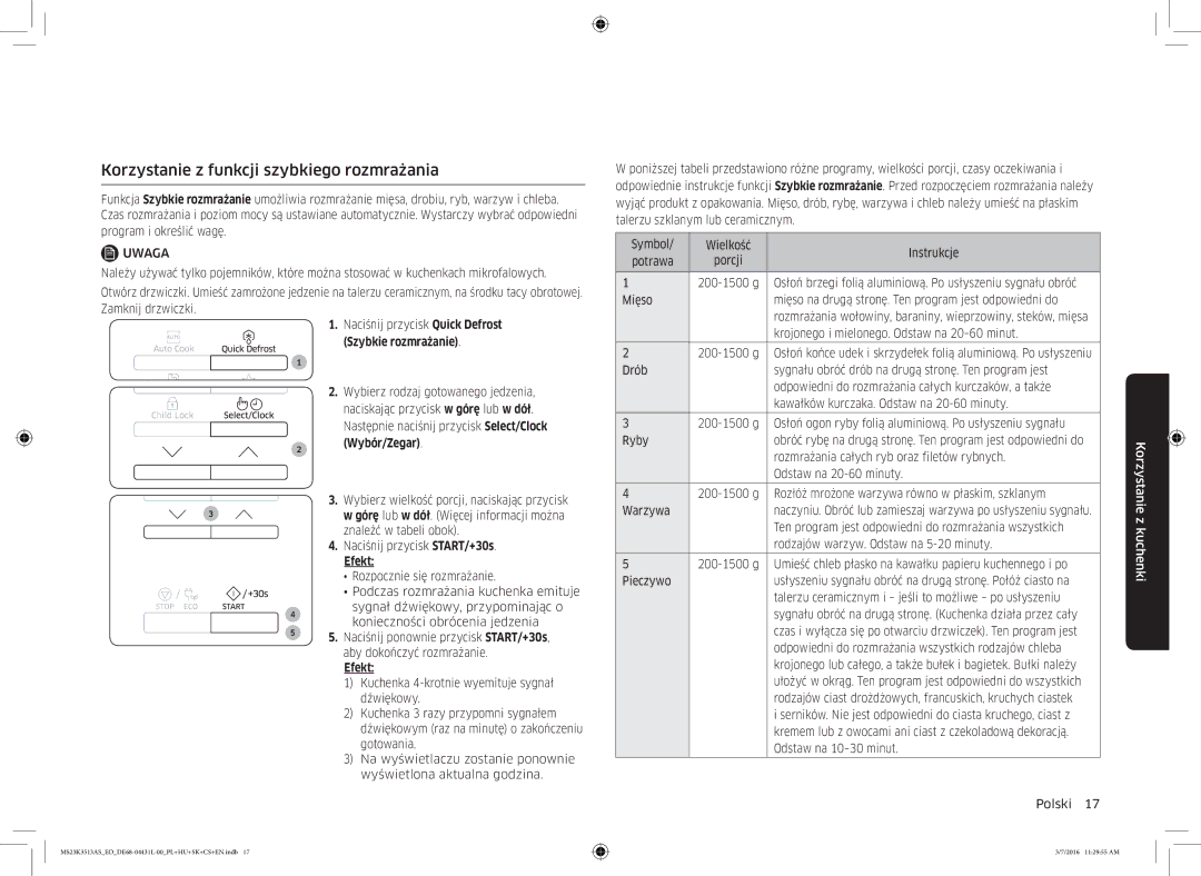 Samsung MS23K3513AS/EO manual Korzystanie z funkcji szybkiego rozmrażania, Szybkie rozmrażanie 