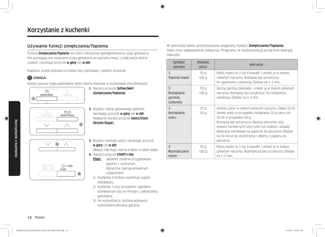 Samsung MS23K3513AS/EO manual Używanie funkcji zmiękczania/Topienia, Zmiękczanie/Topienie 