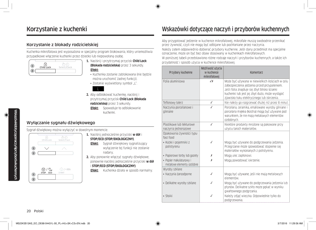 Samsung MS23K3513AS/EO manual Wskazówki dotyczące naczyń i przyborów kuchennych, Korzystanie z blokady rodzicielskiej 