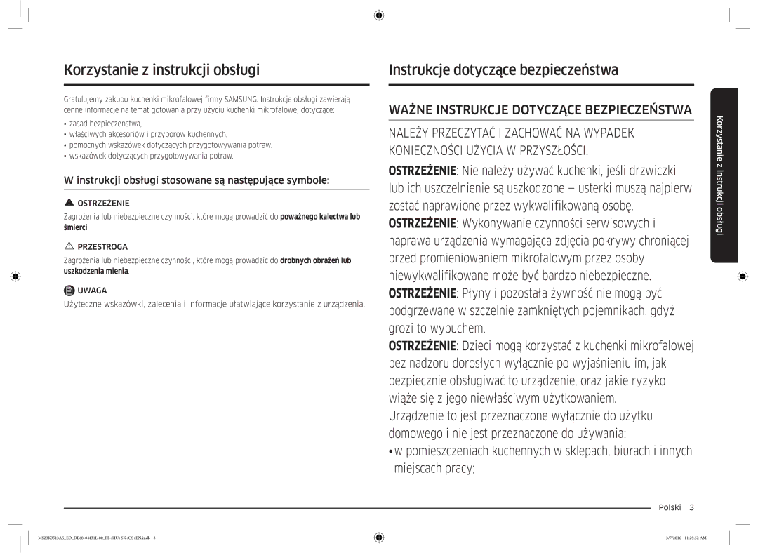 Samsung MS23K3513AS/EO manual Korzystanie z instrukcji obsługi, Instrukcje dotyczące bezpieczeństwa 