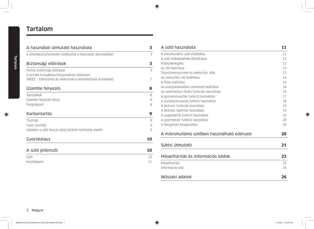 Samsung MS23K3513AS/EO manual Tartalom 