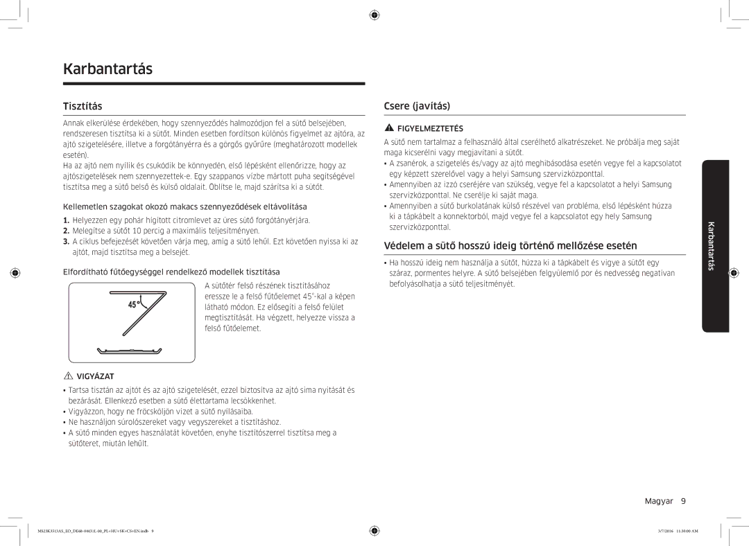 Samsung MS23K3513AS/EO manual Karbantartás, Tisztítás, Csere javítás, Védelem a sütő hosszú ideig történő mellőzése esetén 