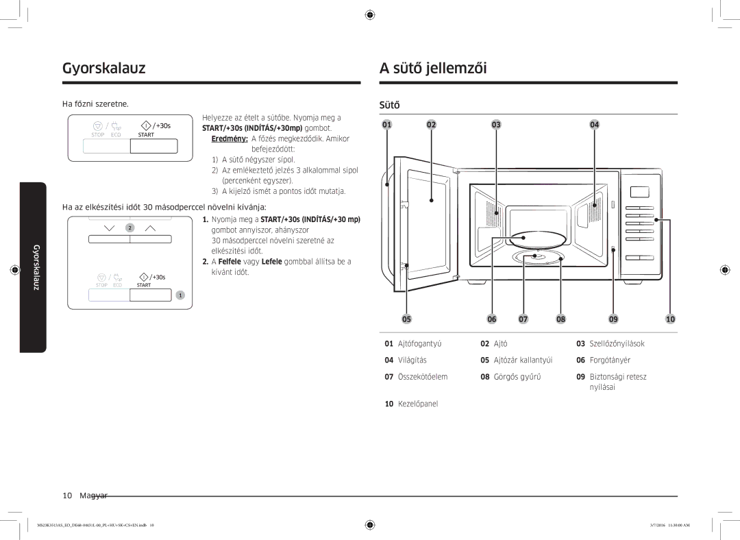 Samsung MS23K3513AS/EO manual Gyorskalauz, Sütő jellemzői, Nyomja meg a START/+30s INDÍTÁS/+30 mp 