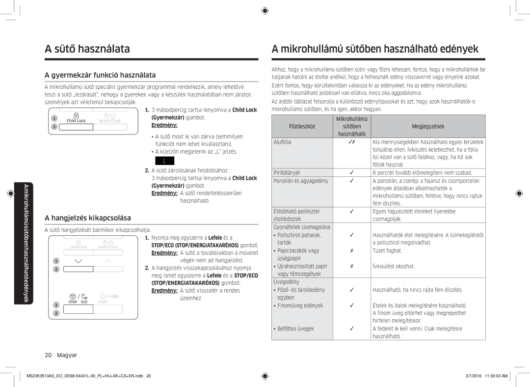 Samsung MS23K3513AS/EO Mikrohullámú sütőben használható edények, Gyermekzár funkció használata, Hangjelzés kikapcsolása 