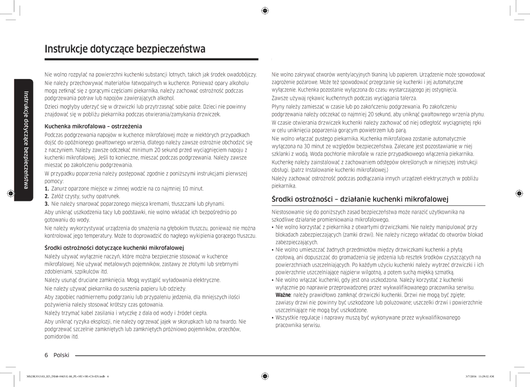 Samsung MS23K3513AS/EO manual Środki ostrożności działanie kuchenki mikrofalowej 