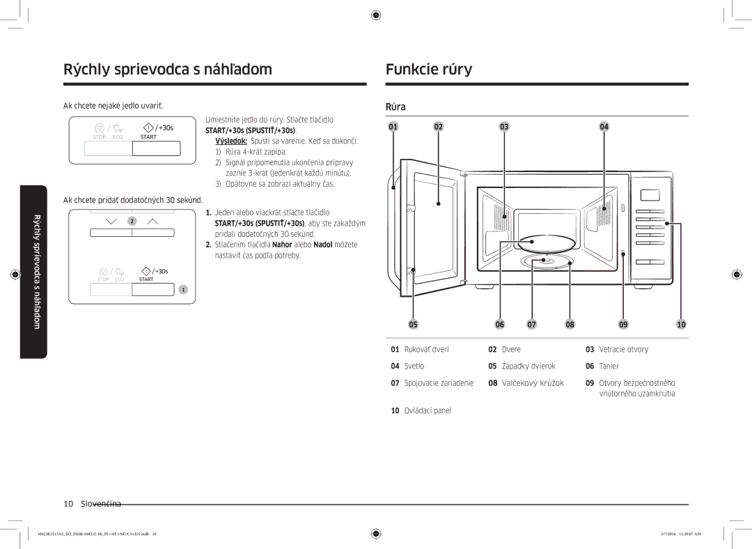 Samsung MS23K3513AS/EO Rýchly sprievodca s náhľadom Funkcie rúry, Rúra, Ak chcete nejaké jedlo uvariť, 10 Ovládací panel 