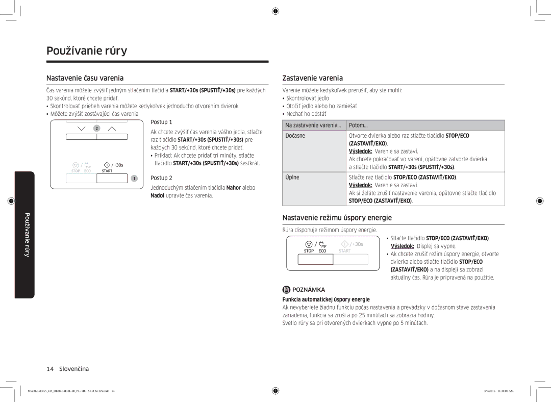 Samsung MS23K3513AS/EO manual Nastavenie času varenia, Zastavenie varenia, Nastavenie režimu úspory energie 