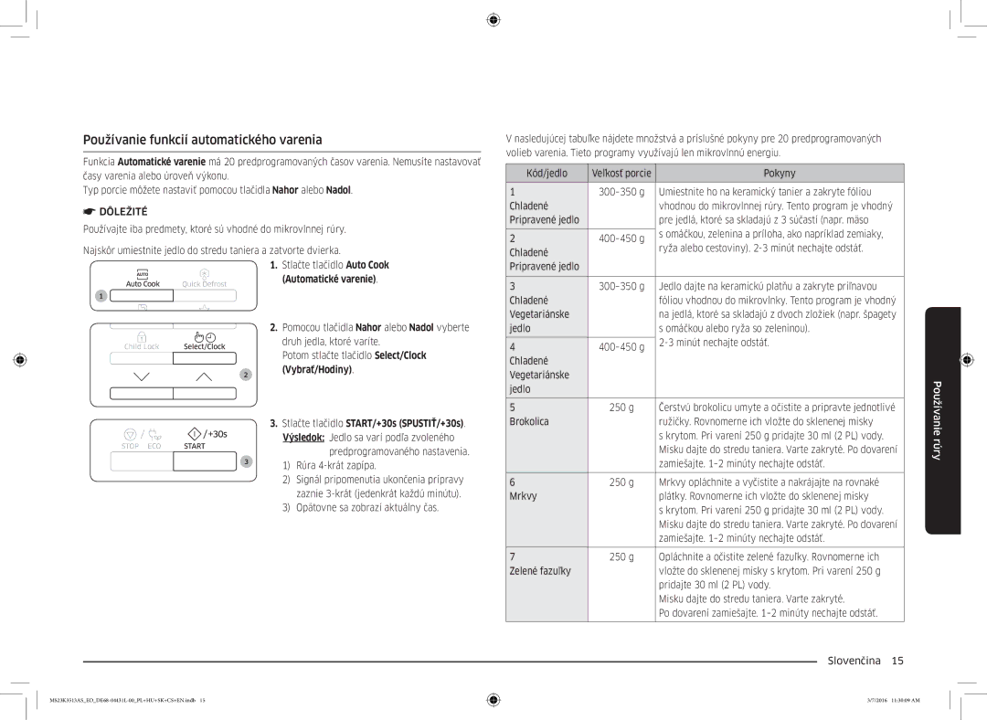 Samsung MS23K3513AS/EO manual Používanie funkcií automatického varenia, Automatické varenie 