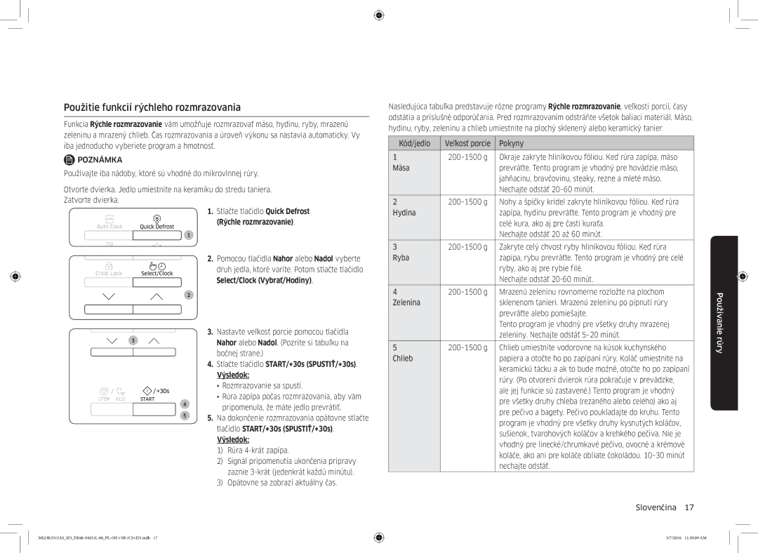 Samsung MS23K3513AS/EO manual Použitie funkcií rýchleho rozmrazovania, Rýchle rozmrazovanie 