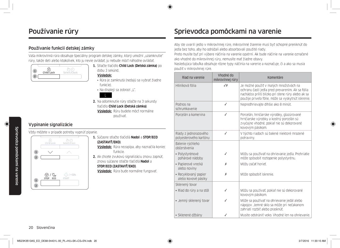 Samsung MS23K3513AS/EO manual Sprievodca pomôckami na varenie, Používanie funkcií detskej zámky, Vypínanie signalizácie 