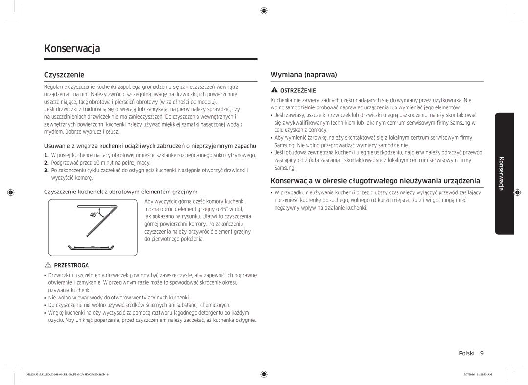 Samsung MS23K3513AS/EO manual Konserwacja, Czyszczenie, Wymiana naprawa 