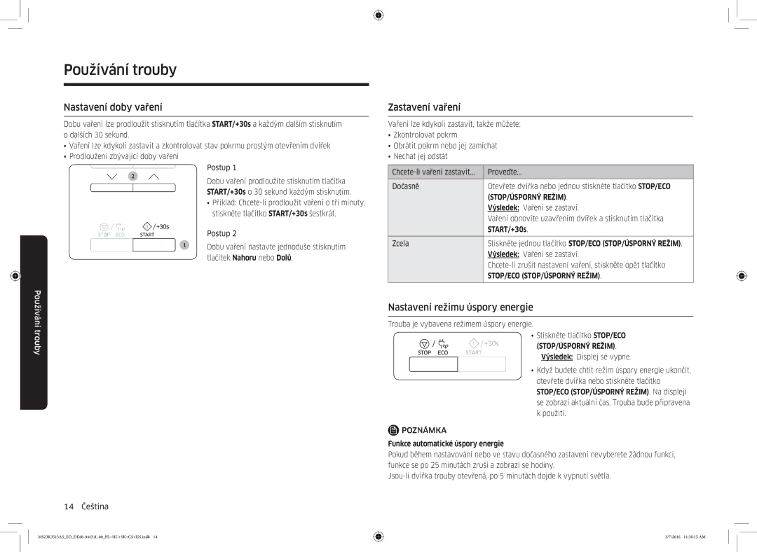 Samsung MS23K3513AS/EO manual Nastavení doby vaření, Zastavení vaření, Nastavení režimu úspory energie, START/+30s 