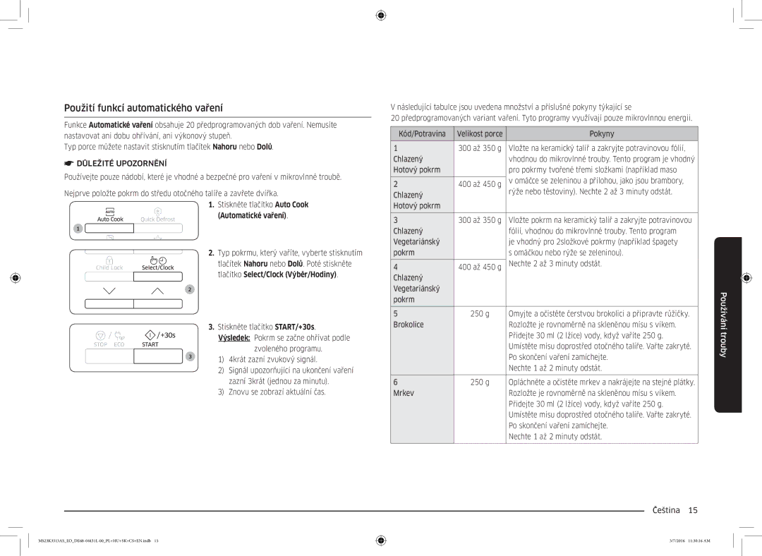 Samsung MS23K3513AS/EO manual Použití funkcí automatického vaření, Automatické vaření 