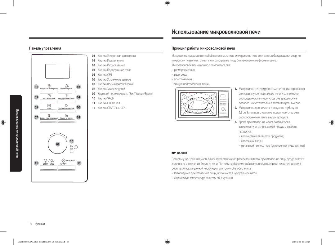 Samsung MS23K3515AK/BW manual Использование микроволновой печи, Панель управления, Принцип работы микроволновой печи 