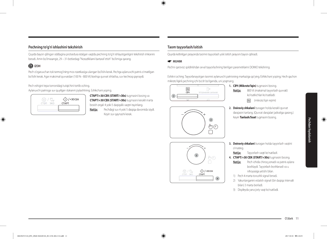 Samsung MS23K3515AS/BW, MS23K3515AK/BW manual Pechning togri ishlashini tekshirish, Taom tayyorlash/isitish, Izoh 