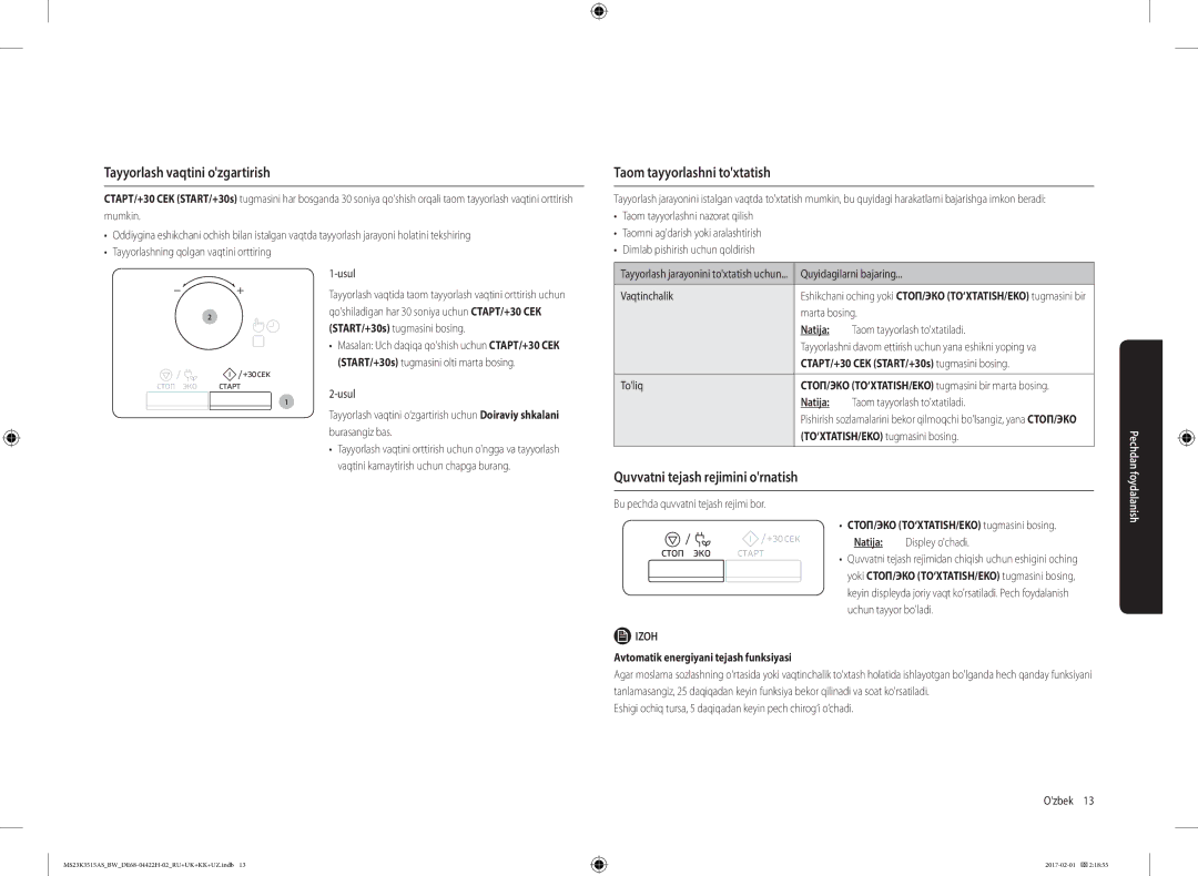 Samsung MS23K3515AS/BW Tayyorlash vaqtini ozgartirish, Taom tayyorlashni toxtatish, Quvvatni tejash rejimini ornatish 