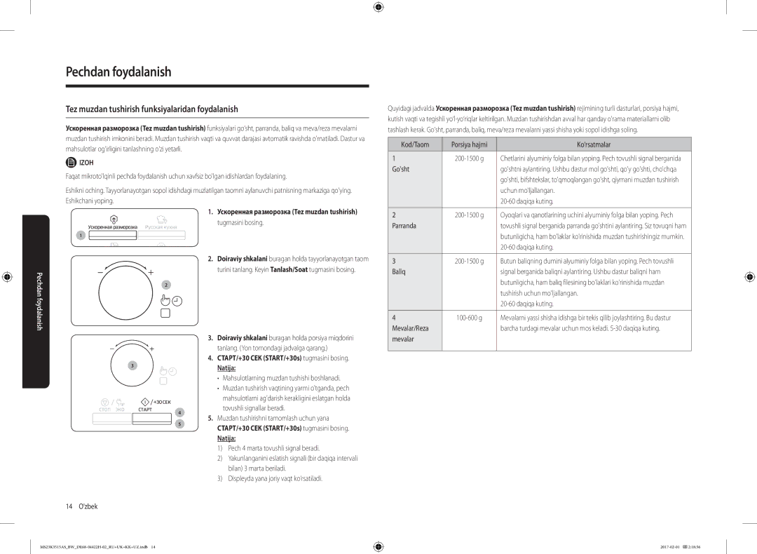 Samsung MS23K3515AK/BW, MS23K3515AS/BW manual Tez muzdan tushirish funksiyalaridan foydalanish 