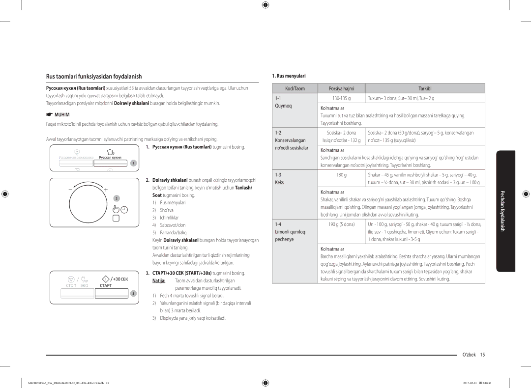 Samsung MS23K3515AS/BW, MS23K3515AK/BW manual Rus taomlari funksiyasidan foydalanish, Rus menyulari 