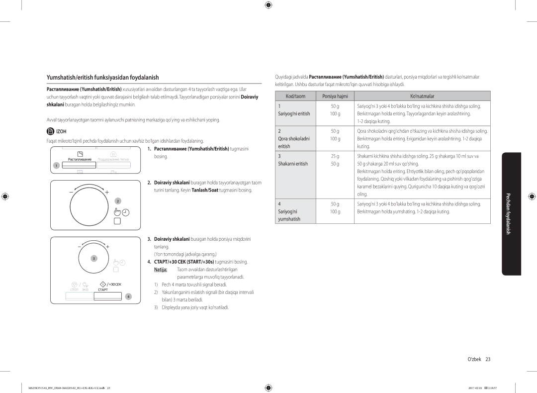 Samsung MS23K3515AS/BW, MS23K3515AK/BW manual Yumshatish/eritish funksiyasidan foydalanish 