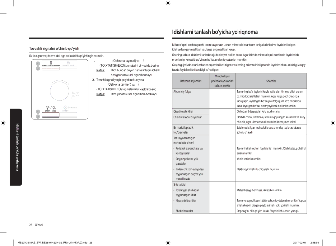 Samsung MS23K3515AK/BW, MS23K3515AS/BW manual Idishlarni tanlash boyicha yoriqnoma, Tovushli signalni ochirib qoyish 