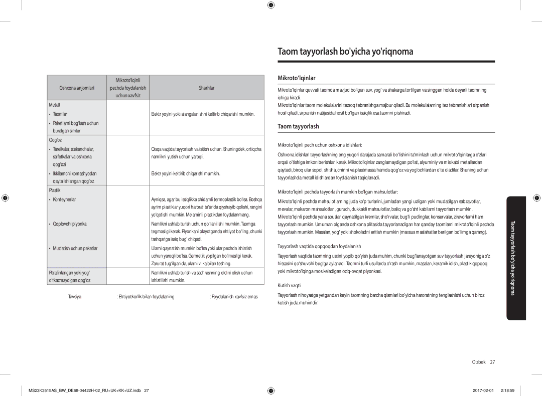 Samsung MS23K3515AS/BW, MS23K3515AK/BW manual Taom tayyorlash boyicha yoriqnoma, Mikroto‘lqinlar 
