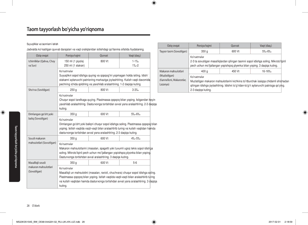 Samsung MS23K3515AK/BW, MS23K3515AS/BW manual Suyuqliklar va taomlarni isitish 