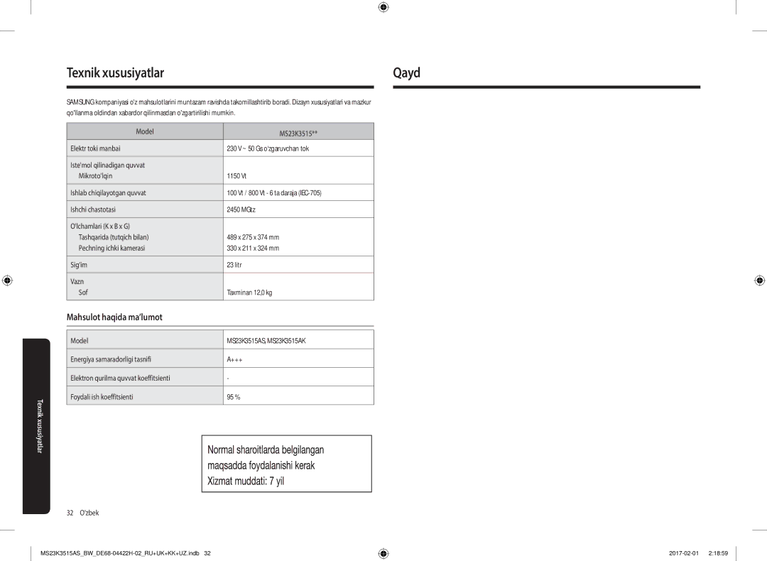 Samsung MS23K3515AK/BW, MS23K3515AS/BW manual Texnik xususiyatlarQayd, Mahsulot haqida ma’lumot 