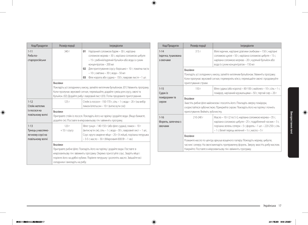 Samsung MS23K3515AS/BW, MS23K3515AK/BW manual Риба по, Староросійськи, 10 г, сметана 30 г, вода 50 мл, Овочами, Судак із 