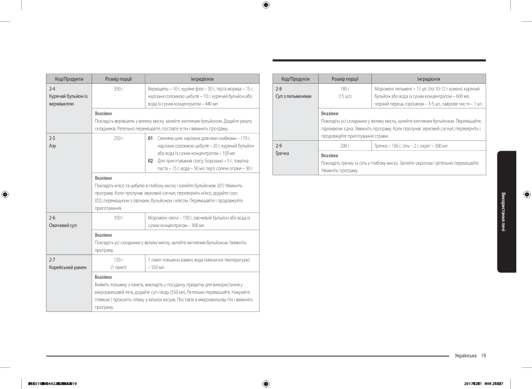 Samsung MS23K3515AS/BW manual Вермішеллю Вода із сухим концентратом 440 мл Вказівки, Азу, Приготування, 550 мл Вказівки 