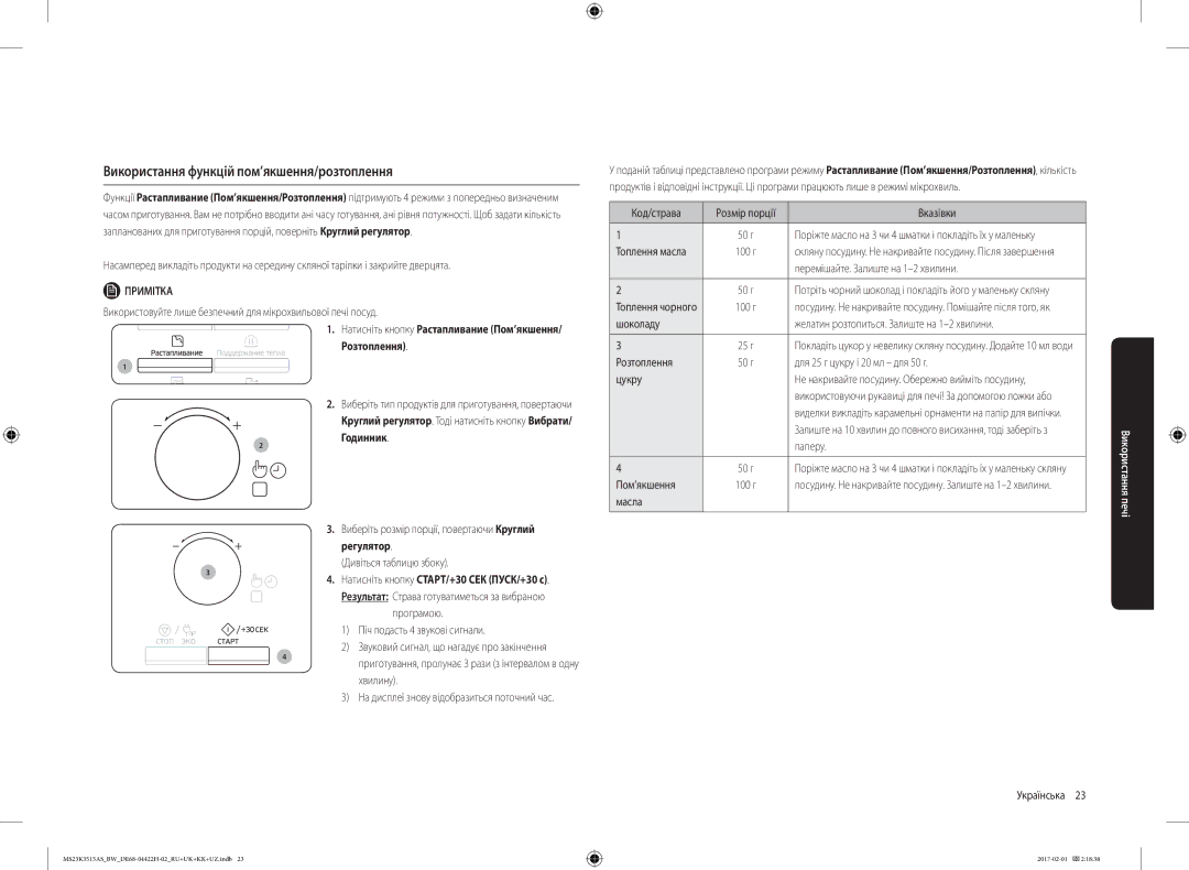 Samsung MS23K3515AS/BW, MS23K3515AK/BW manual Використання функцій пом’якшення/розтоплення, Годинник 