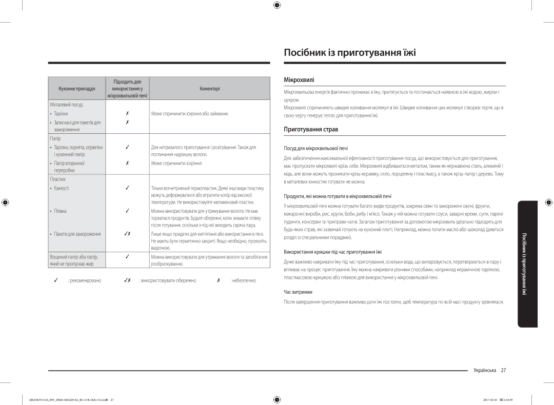 Samsung MS23K3515AS/BW, MS23K3515AK/BW manual Посібник із приготування їжі, Мікрохвилі, Приготування страв 
