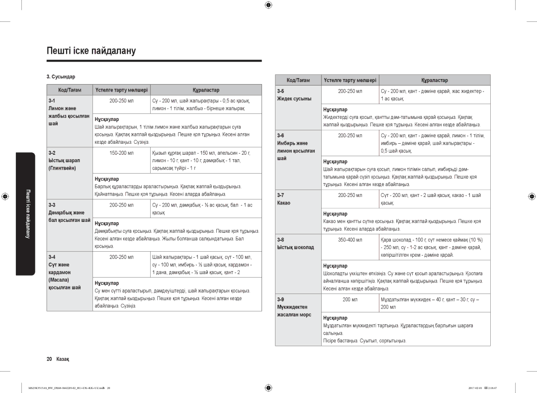Samsung MS23K3515AK/BW Сусындар Код/Тағам, Лимон және, Нұсқаулар Шай, Ыстық шарап, Глинтвейн, Сүт және, Кардамон, Какао 
