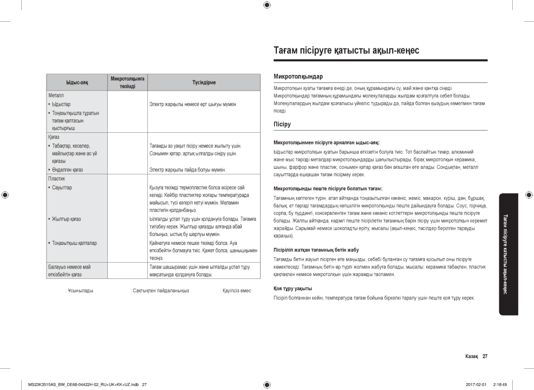 Samsung MS23K3515AS/BW, MS23K3515AK/BW manual Тағам пісіруге қатысты ақыл-кеңес, Микротолқындар, Пісіру 