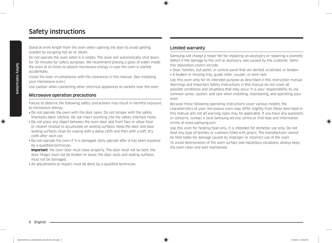 Samsung MS23K3555EK/LI manual Microwave operation precautions, Limited warranty 