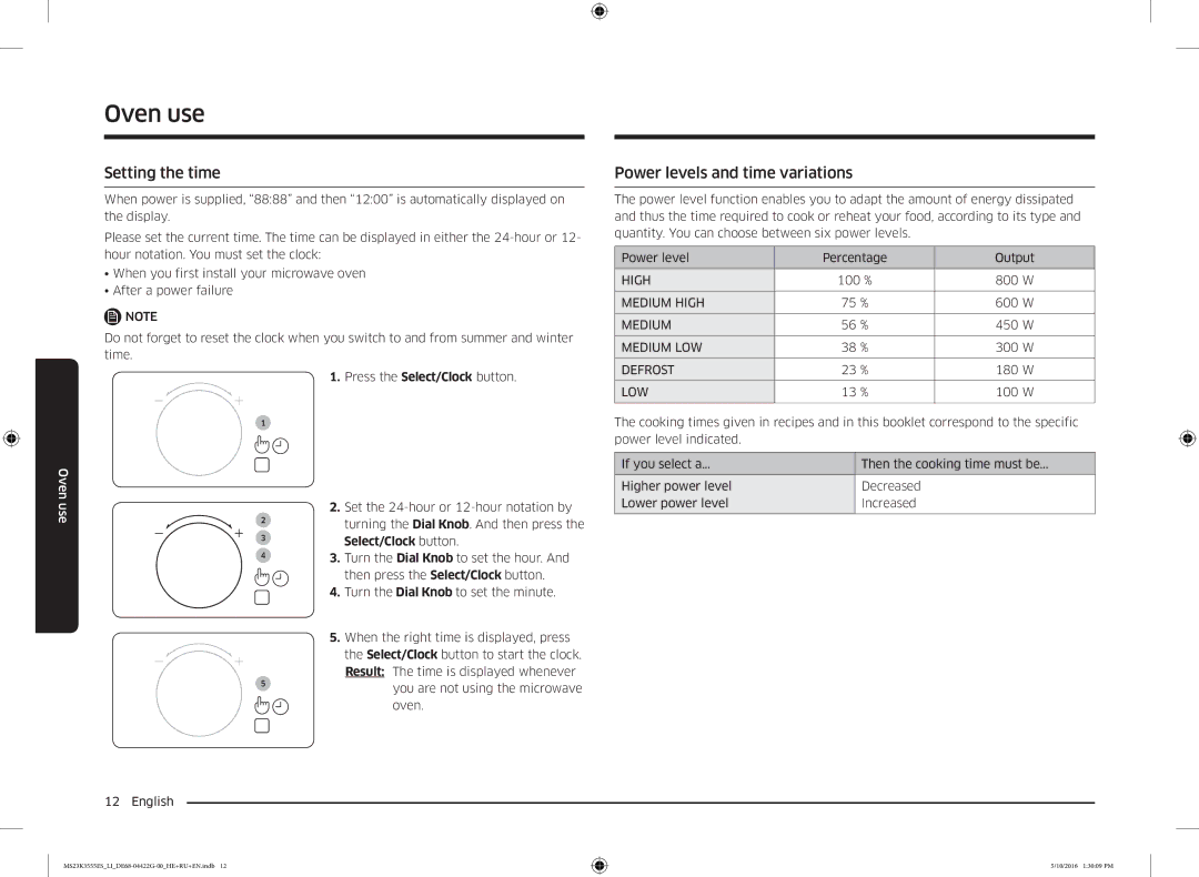 Samsung MS23K3555EK/LI manual Setting the time, Power levels and time variations 