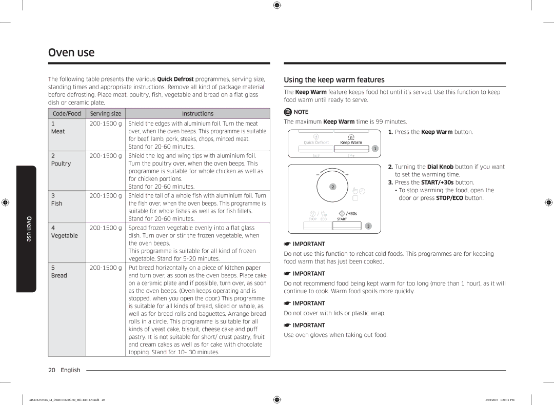 Samsung MS23K3555EK/LI manual Using the keep warm features, For beef, lamb, pork, steaks, chops, minced meat 