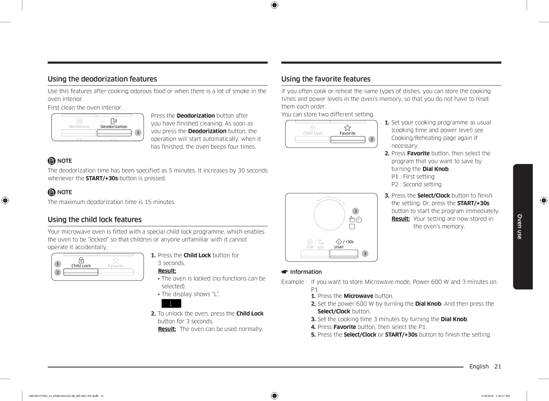 Samsung MS23K3555EK/LI manual Using the deodorization features, Using the favorite features, Using the child lock features 