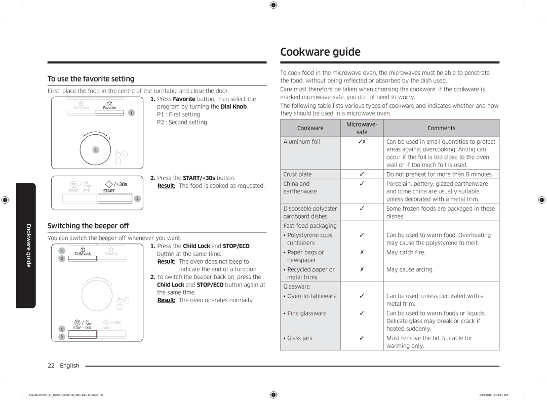 Samsung MS23K3555EK/LI manual Cookware guide, To use the favorite setting, Switching the beeper off 