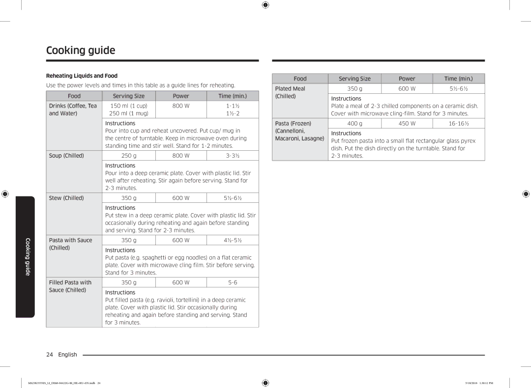 Samsung MS23K3555EK/LI manual Reheating Liquids and Food 