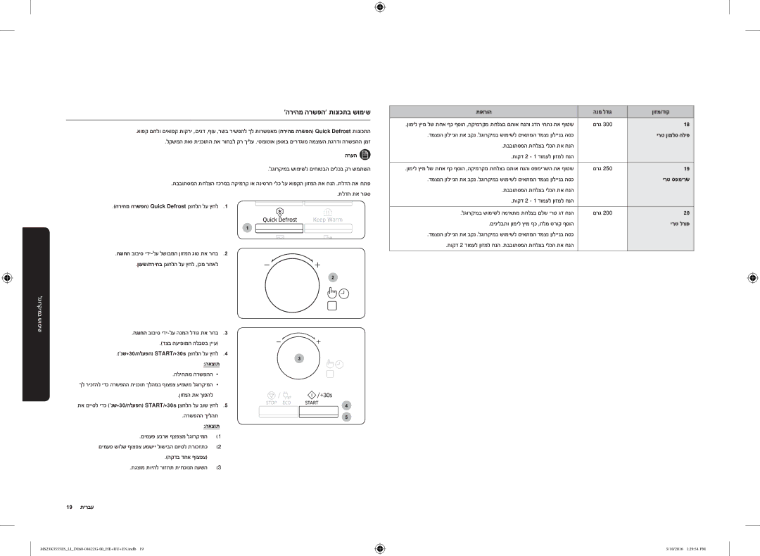 Samsung MS23K3555ES/LI manual הריהמ הרשפה תונוכתב שומיש, הריהמ הרשפה Quick Defrost ןצחלה לע ץחל1, האצות, ירט ןומלס הליפ 