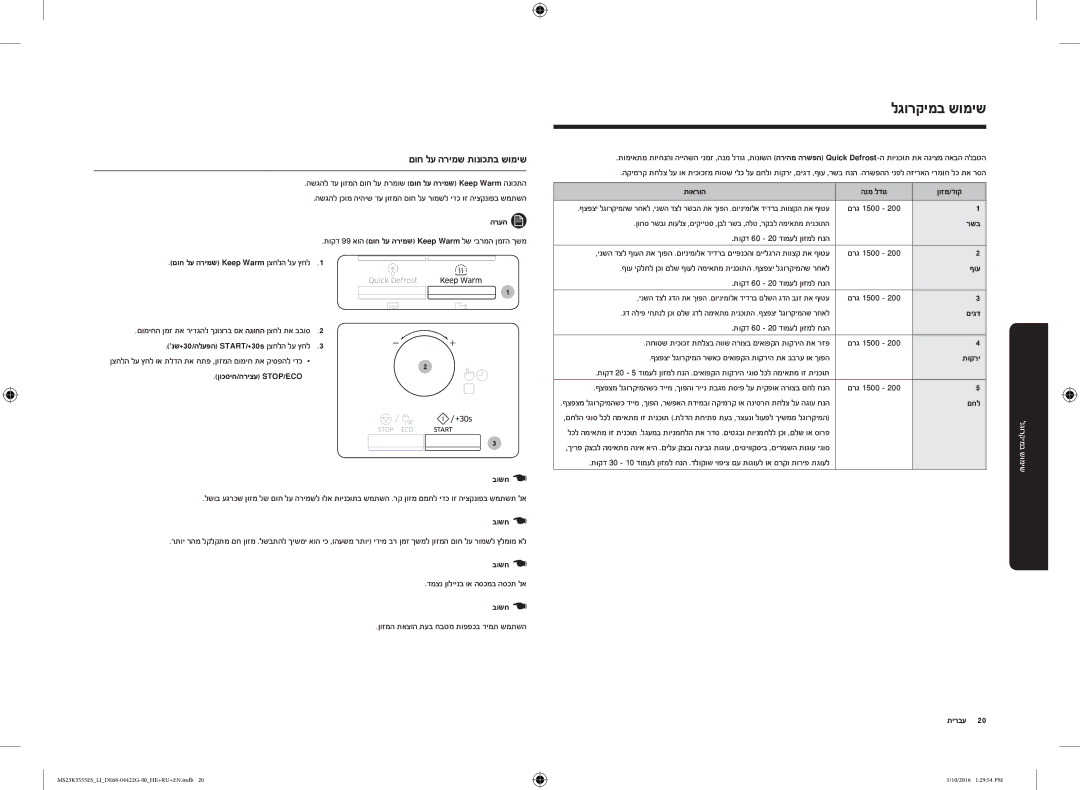 Samsung MS23K3555ES/LI םוח לע הרימש תונוכתב שומיש, םוח לע הרימש Keep Warm ןצחלה לע ץחל1, ןוכסיח/הריצע Stop/Eco, רשב, ףוע 