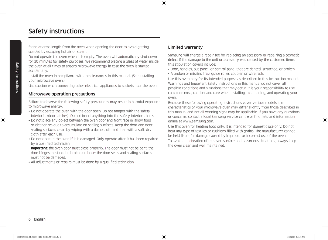 Samsung MS23K3555ES/LI manual Microwave operation precautions, Limited warranty 